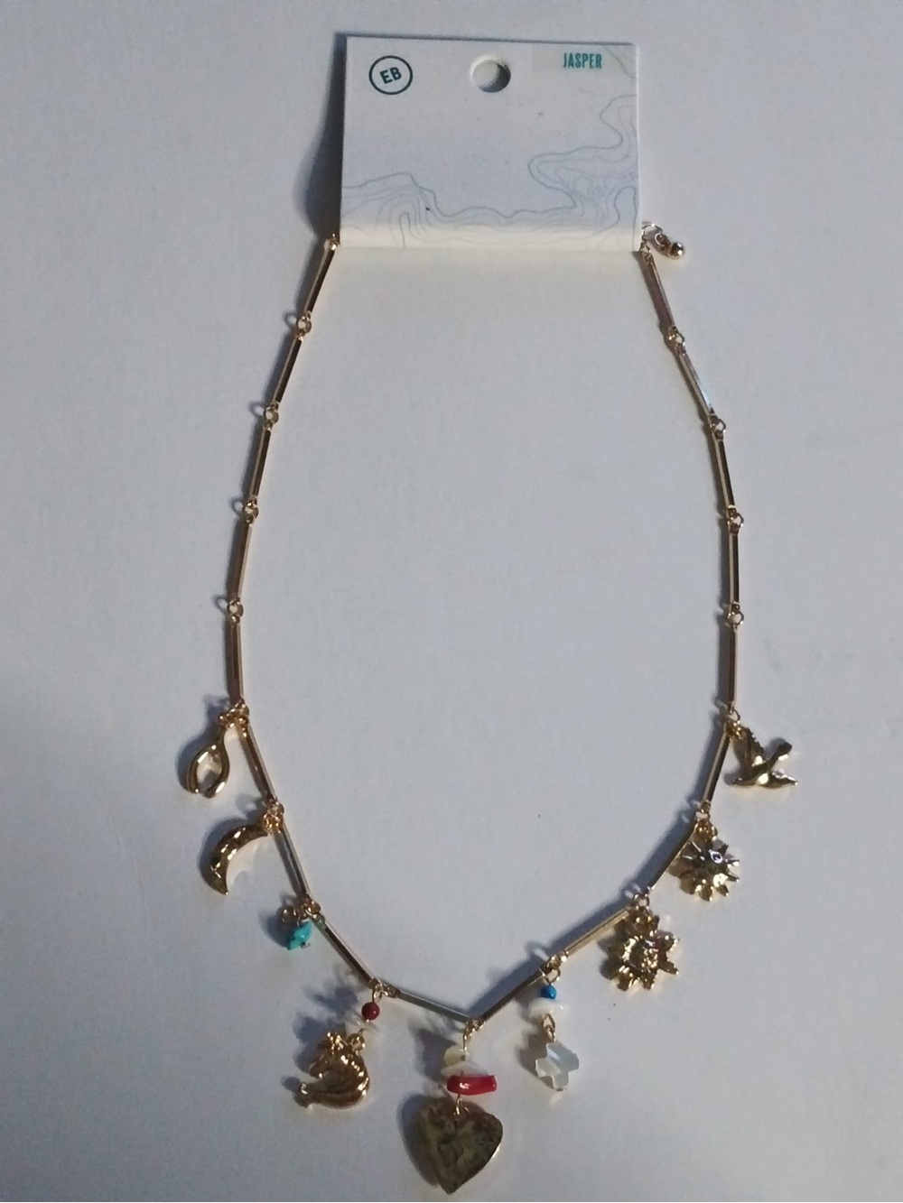 Gold-Tone Charm Necklace with Heart & Multicolor Bead Accents